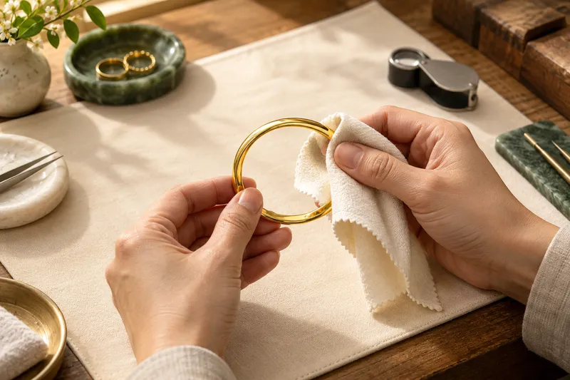 Hands carefully polishing a gold bangle with a soft cloth