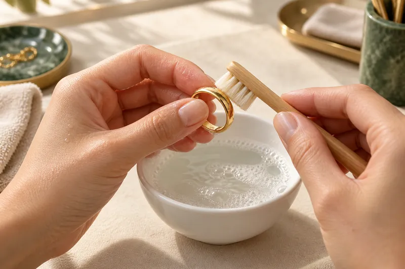 Close-up of a gold ring being gently cleaned with a soft brush