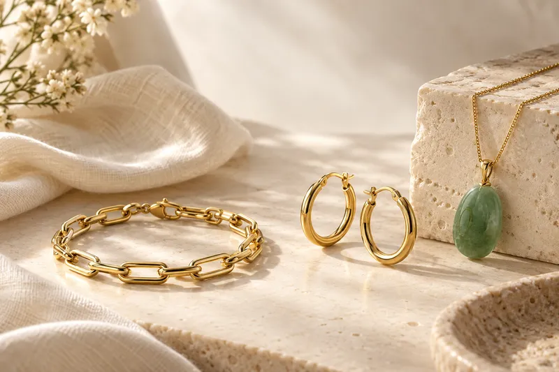 Gold jewelry and green jade arranged in warm studio light