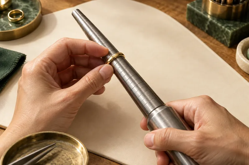 A gold ring being measured on a jeweler’s sizing mandrel