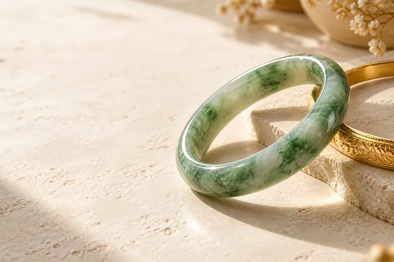 Close-up of polished gold and the natural texture of green jade
